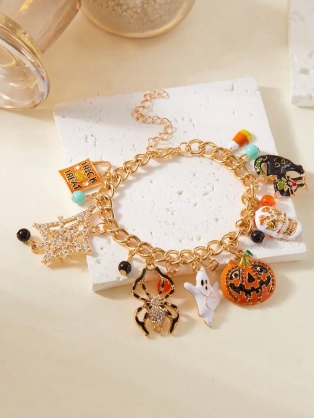 Gold Tone Halloween Charm Bracelet with Orange Pumpkin & Ghost Charms NWOT